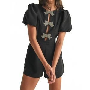 NEW ENDLESS BLU. rhinestone bow romper in black